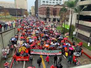 50,000 people marched in downtown Los Angeles on Monday in support of striking teachers. Photo: Chris Brooks